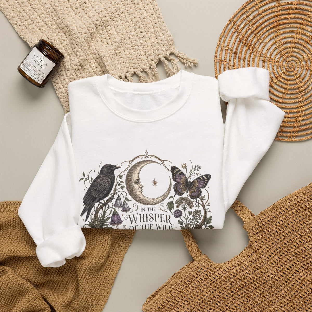 Mystic Moon & Mushroom Crewneck Sweatshirt — "Whisper to the Wild" Nature Graphic