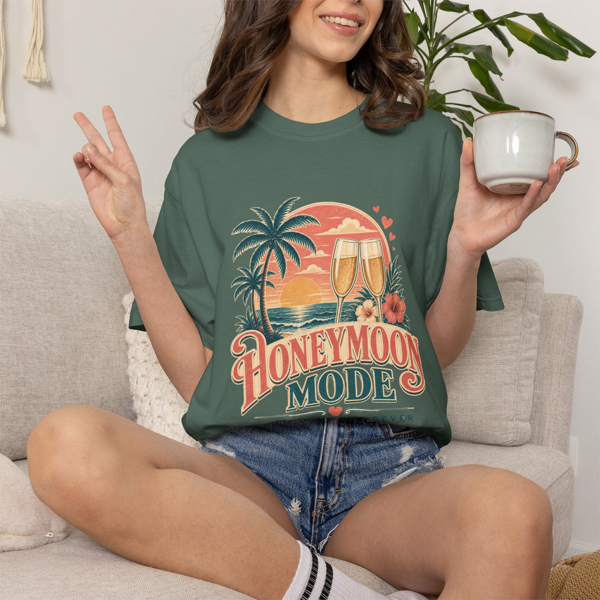 Honeymoon Mode T-Shirt — Tropical Sunset Couple Vacation Tee
