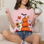 Halloween Pumpkin Stack T-Shirt — Cute Ghost, Sunflower & Falling Leaves Design
