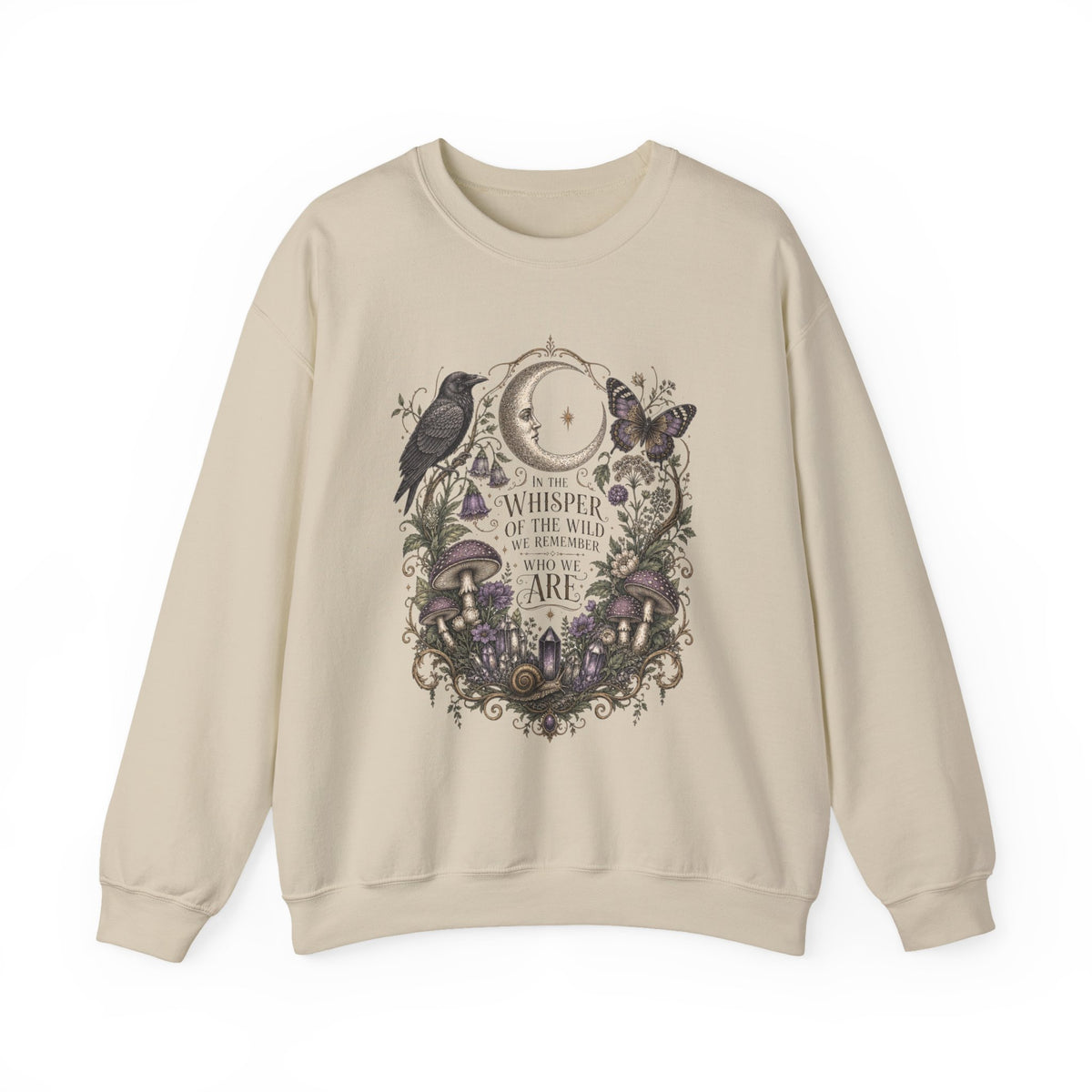 Mystic Moon & Mushroom Crewneck Sweatshirt — "Whisper to the Wild" Nature Graphic