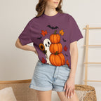 Halloween Pumpkin Stack T-Shirt — Cute Ghost, Sunflower & Falling Leaves Design