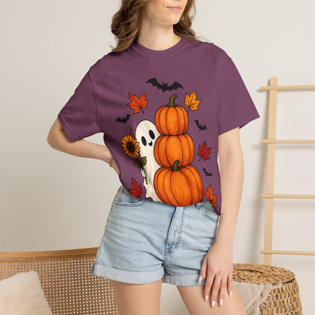 Halloween Pumpkin Stack T-Shirt — Cute Ghost, Sunflower & Falling Leaves Design