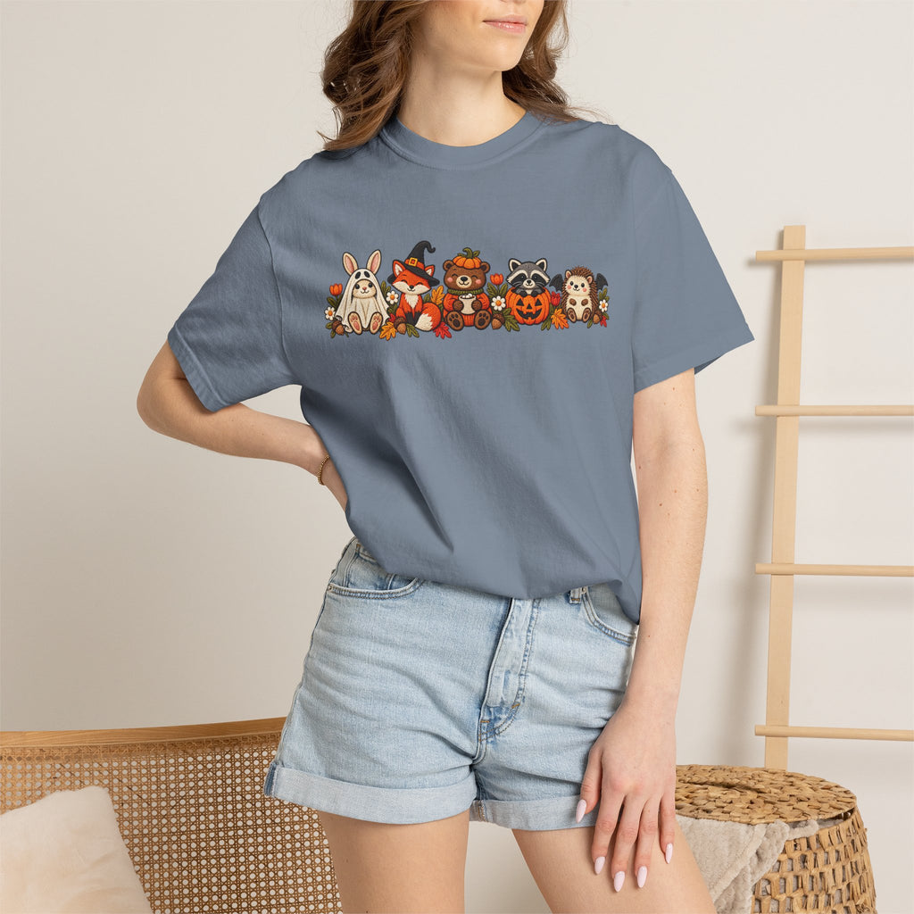 Halloween Critter Lineup T-Shirt — Cute Pumpkin, Witch & Bunny Spooky Crew
