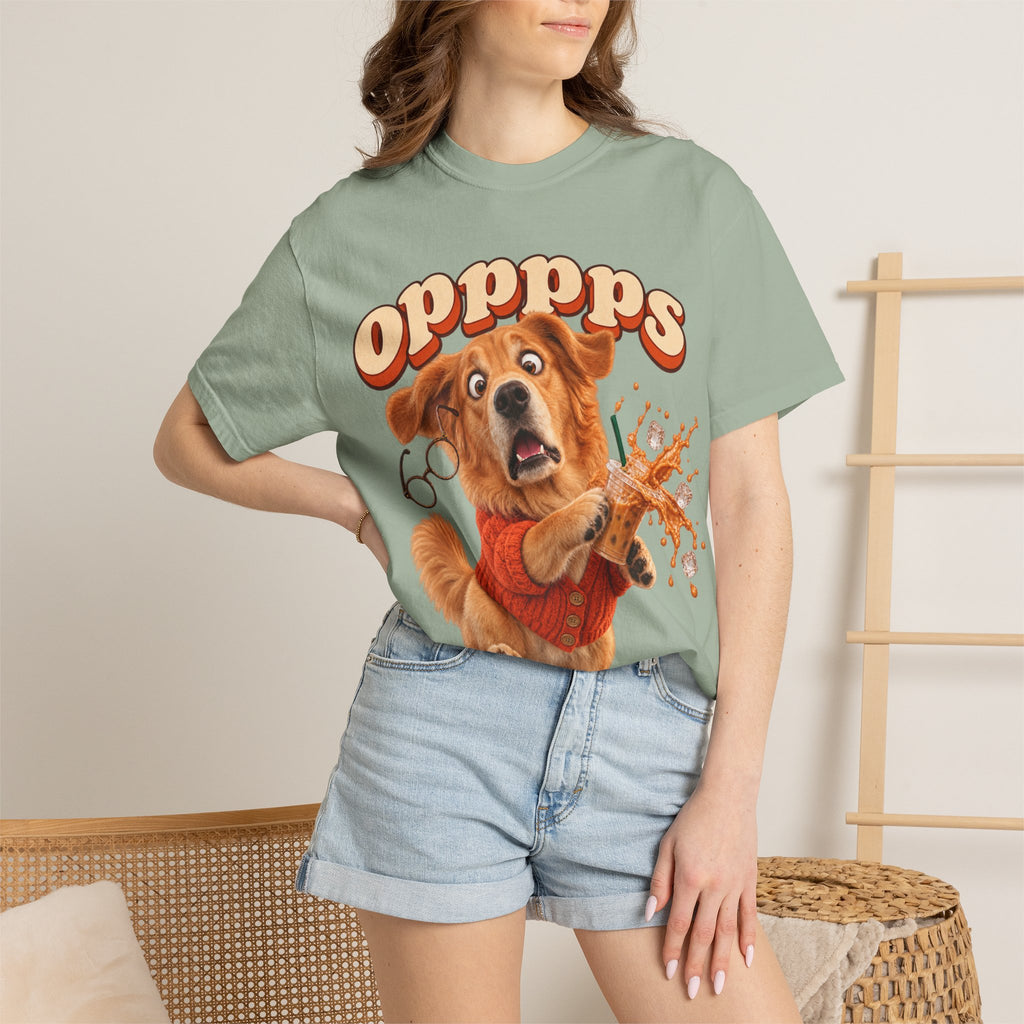 Oops Puppy T-Shirt — Cute Dog Spilling Coffee Graphic Tee