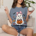 Cute Halloween Ghost T-Shirt — Trick-or-Treat Pumpkin & Bats