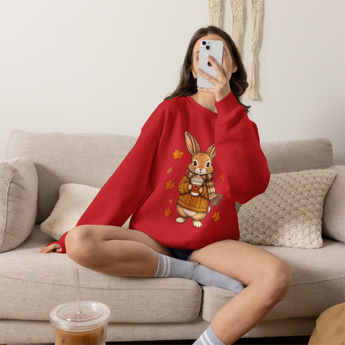 Autumn Bunny Sweatshirt – Cozy Fall Rabbit Holding Coffee