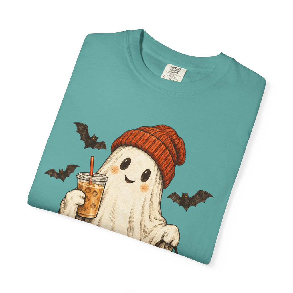 Halloween Ghost T-Shirt — Cute Ghost with Pumpkin & Coffee Graphic