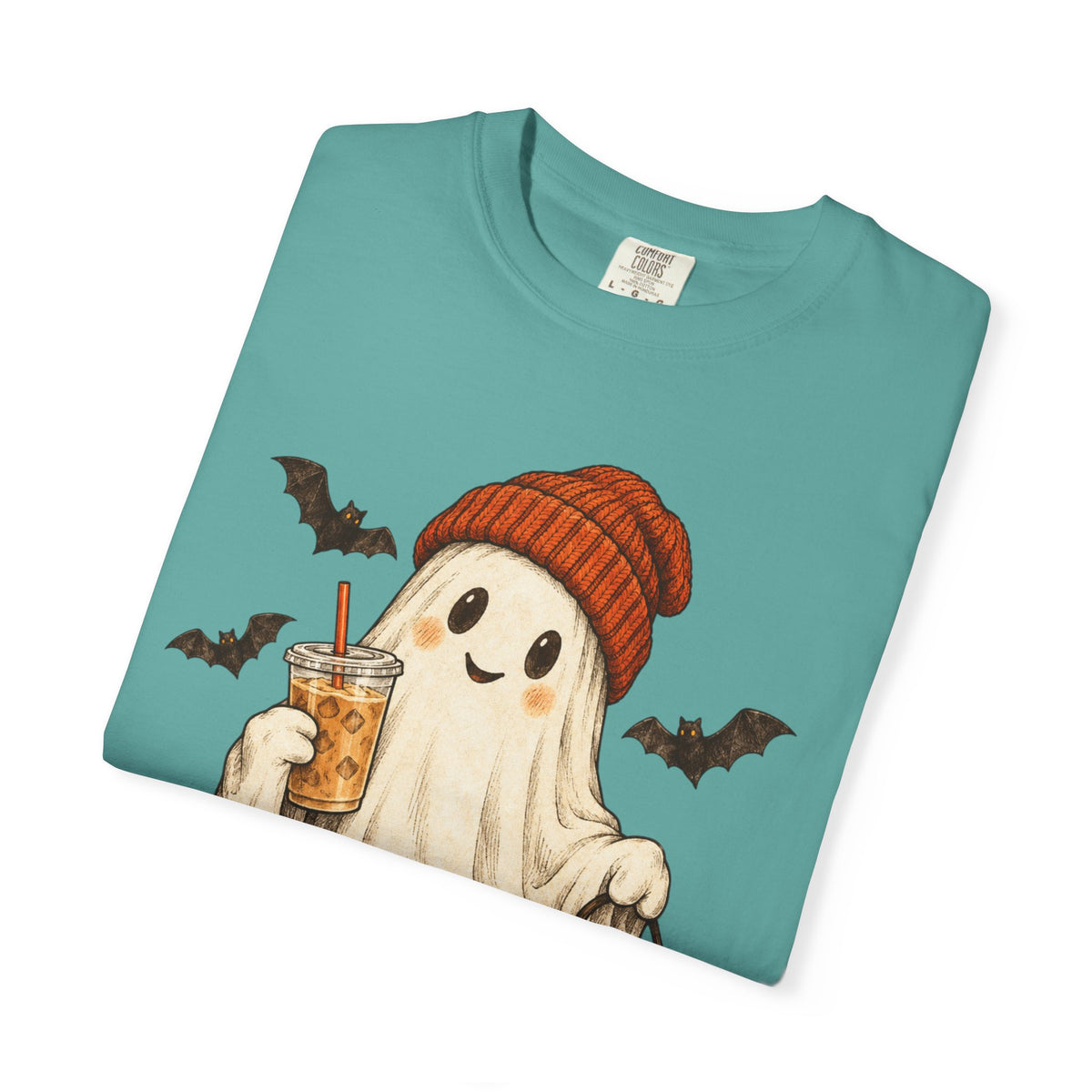 Halloween Ghost T-Shirt — Cute Ghost with Pumpkin & Coffee Graphic