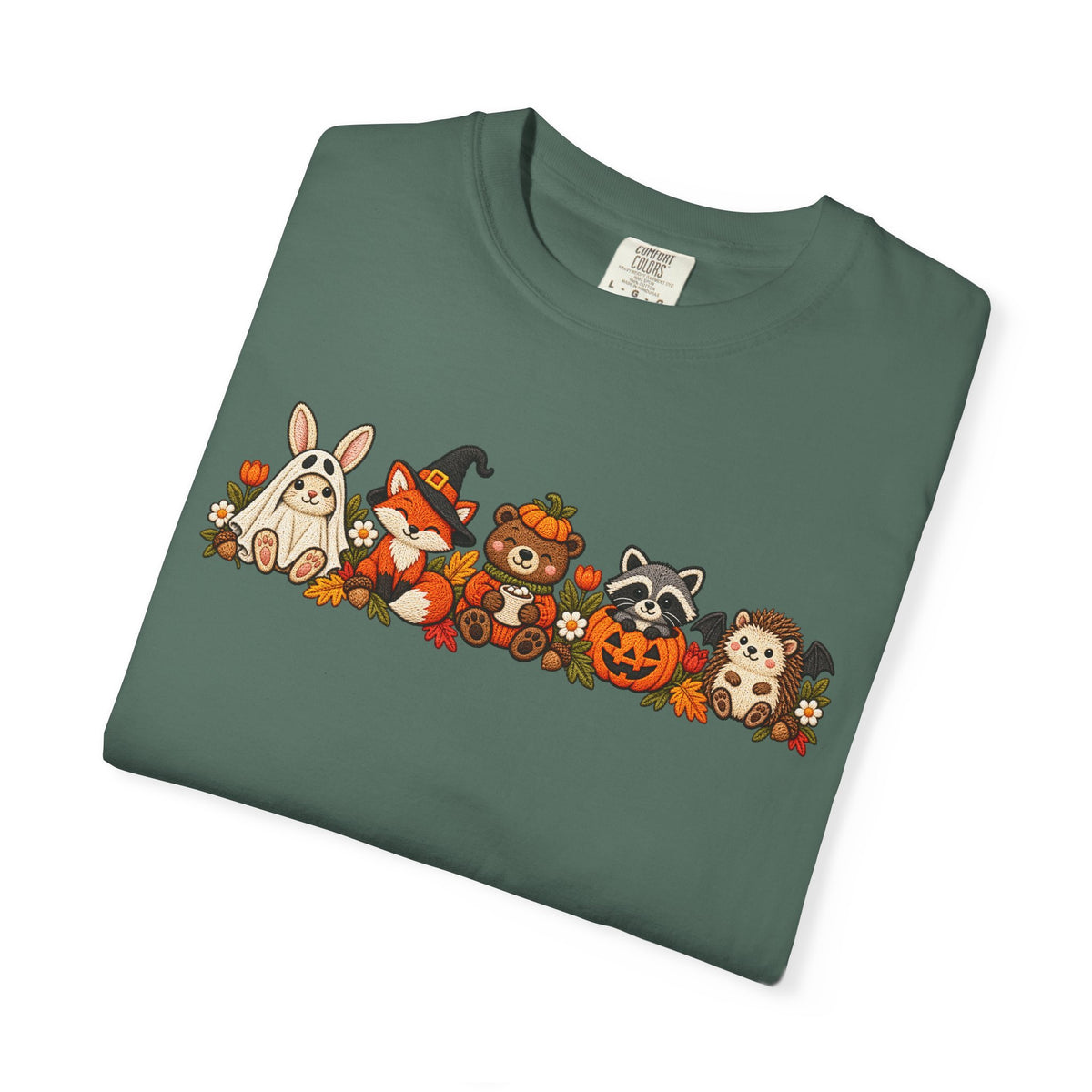 Halloween Critter Lineup T-Shirt — Cute Pumpkin, Witch & Bunny Spooky Crew