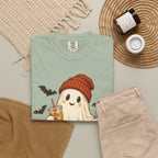 Halloween Ghost T-Shirt — Cute Ghost with Pumpkin & Coffee Graphic