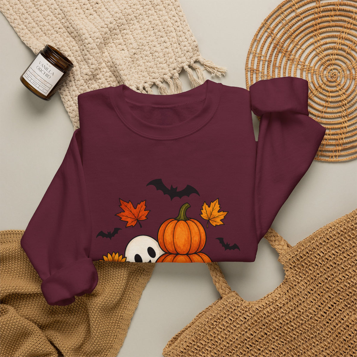 Halloween Pumpkin Stack Crewneck Sweatshirt — Ghost, Sunflower & Falling Leaves Design
