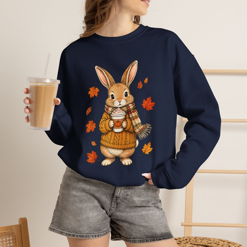 Autumn Bunny Sweatshirt – Cozy Fall Rabbit Holding Coffee