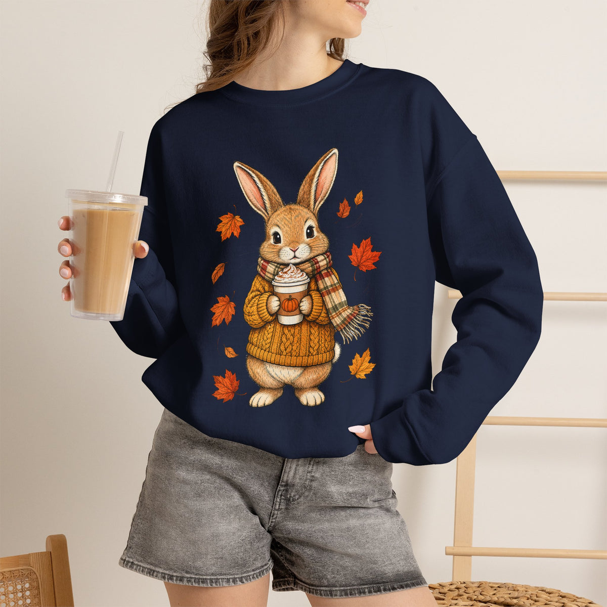 Autumn Bunny Sweatshirt – Cozy Fall Rabbit Holding Coffee