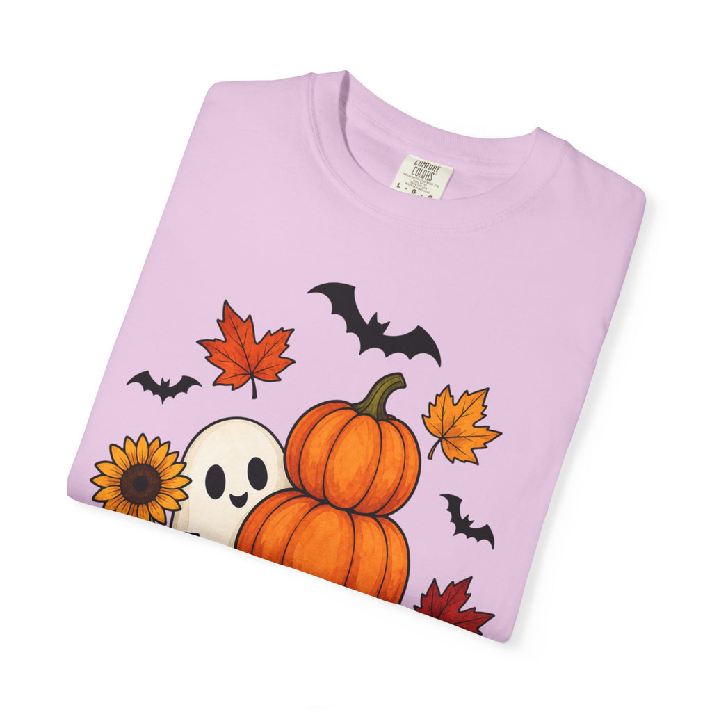 Halloween Pumpkin Stack T-Shirt — Cute Ghost, Sunflower & Falling Leaves Design