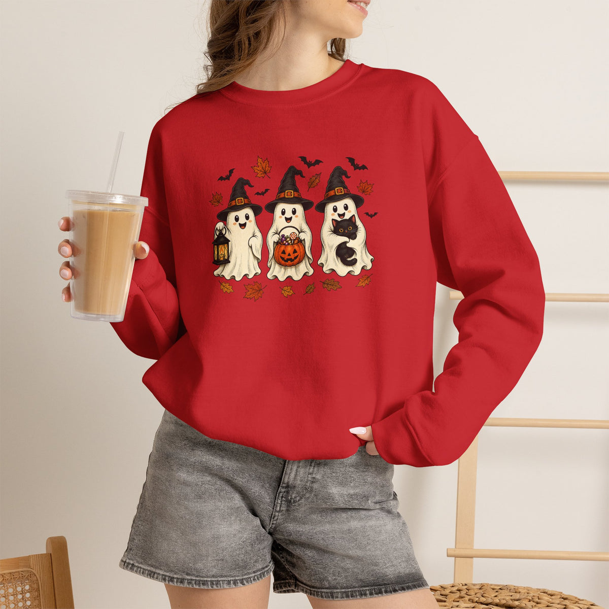 Halloween Puppy Ghosts Sweatshirt — Cute Dogs in Witch Hats with Jack-o'-Lantern