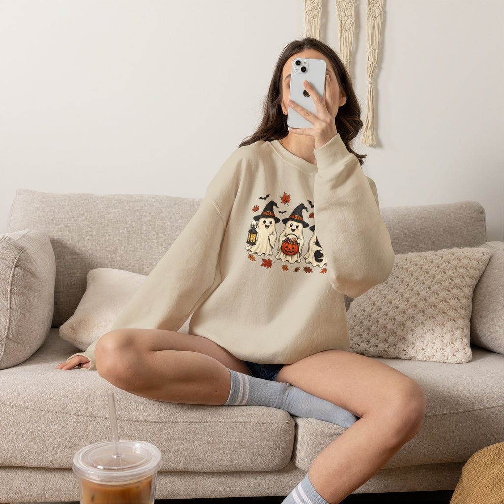Halloween Puppy Ghosts Sweatshirt — Cute Dogs in Witch Hats with Jack-o'-Lantern