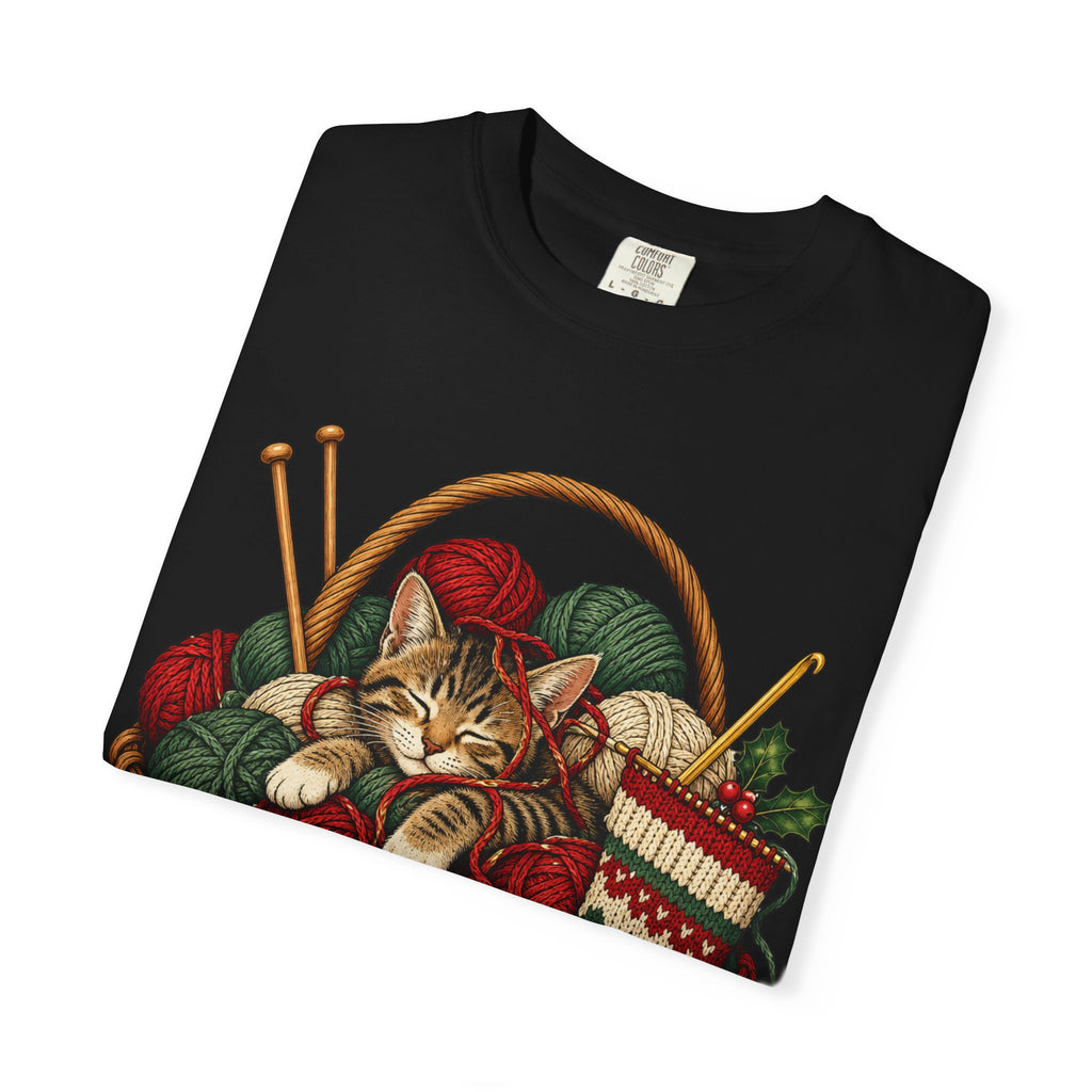 Cat in Yarn Basket T‑Shirt — Cozy Holiday Knitting Cat Tee