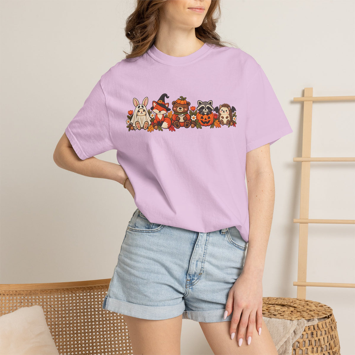 Halloween Critter Lineup T-Shirt — Cute Pumpkin, Witch & Bunny Spooky Crew