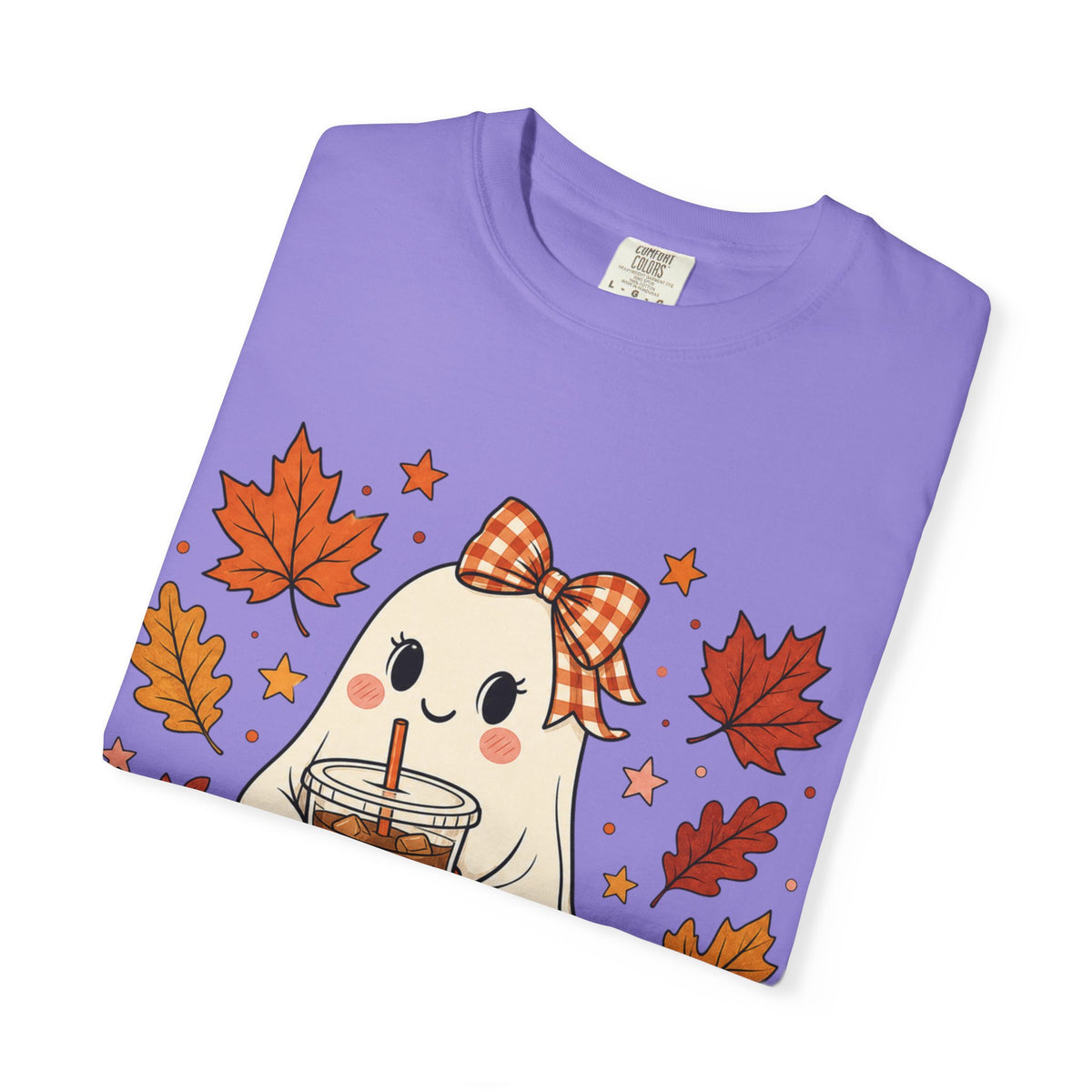 Cute Ghost Pumpkin Drink Tee — Fall Leaves Graphic T-Shirt