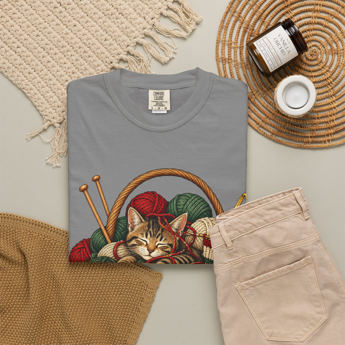 Cat in Yarn Basket T‑Shirt — Cozy Holiday Knitting Cat Tee