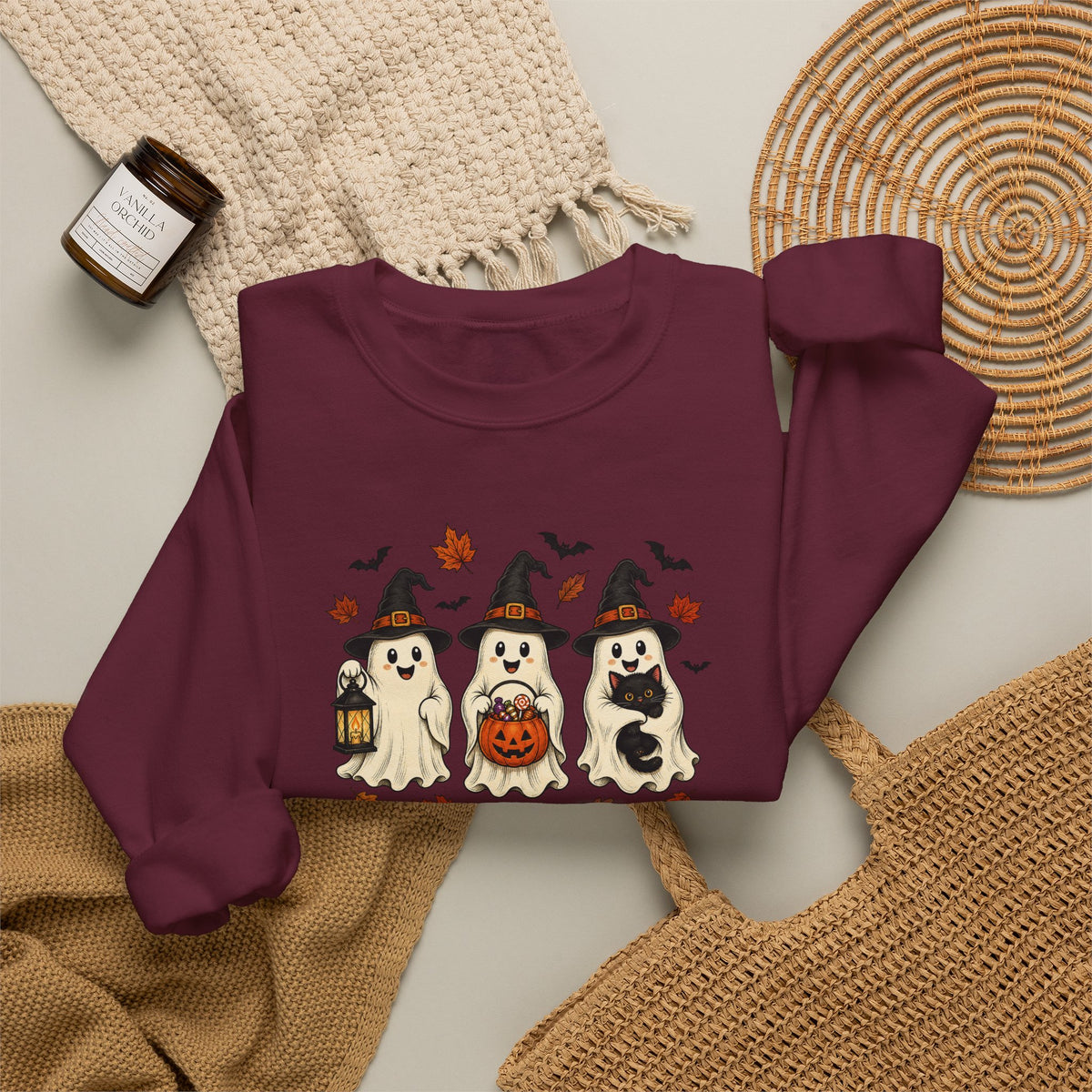 Halloween Puppy Ghosts Sweatshirt — Cute Dogs in Witch Hats with Jack-o'-Lantern