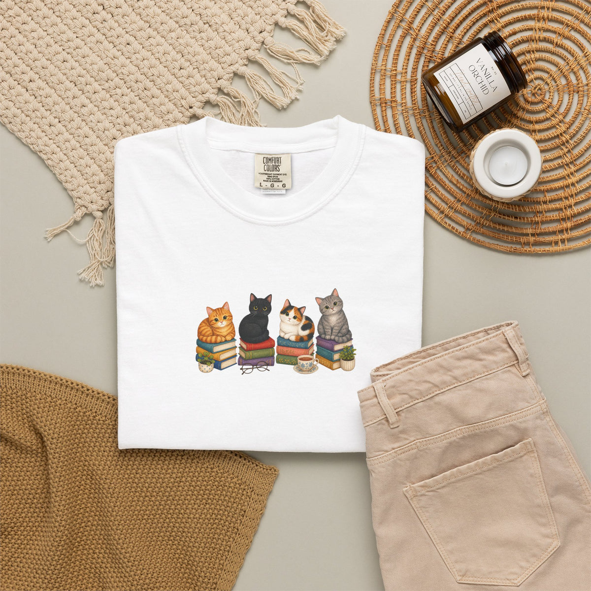 Cat Knit Crew T-Shirt — Cozy Cats Sitting Together Graphic Tee