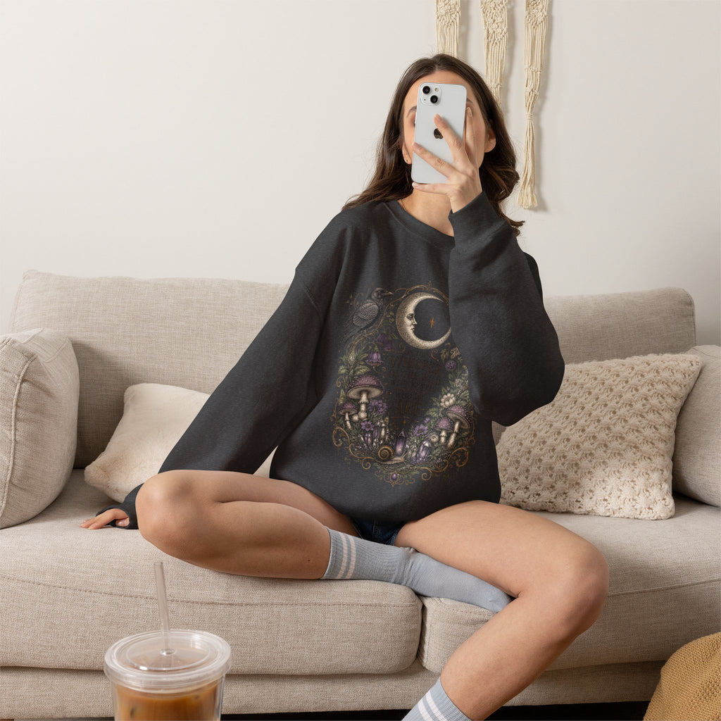 Mystic Moon & Mushroom Crewneck Sweatshirt — "Whisper to the Wild" Nature Graphic