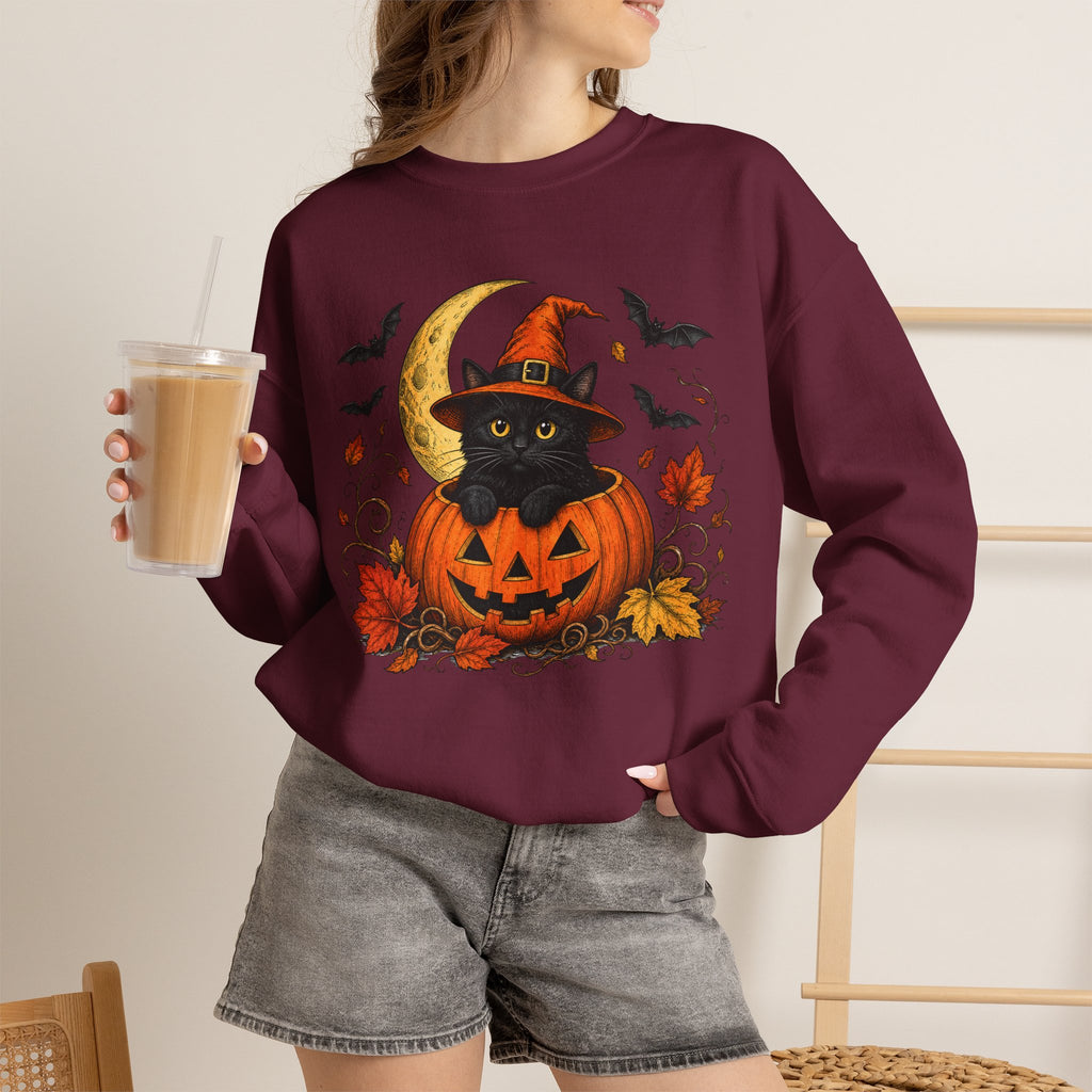 Halloween Black Cat Pumpkin Sweatshirt — Witch Hat, Moon & Bats Crewneck