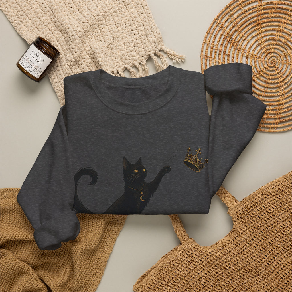 Cat with Crown Crewneck Sweatshirt — Playful Black Cat Graphic