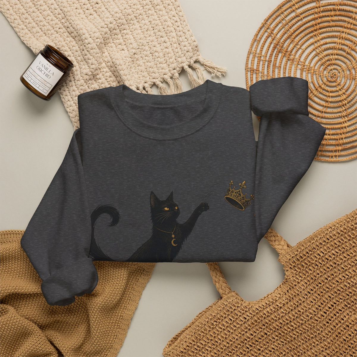 Cat with Crown Crewneck Sweatshirt — Playful Black Cat Graphic