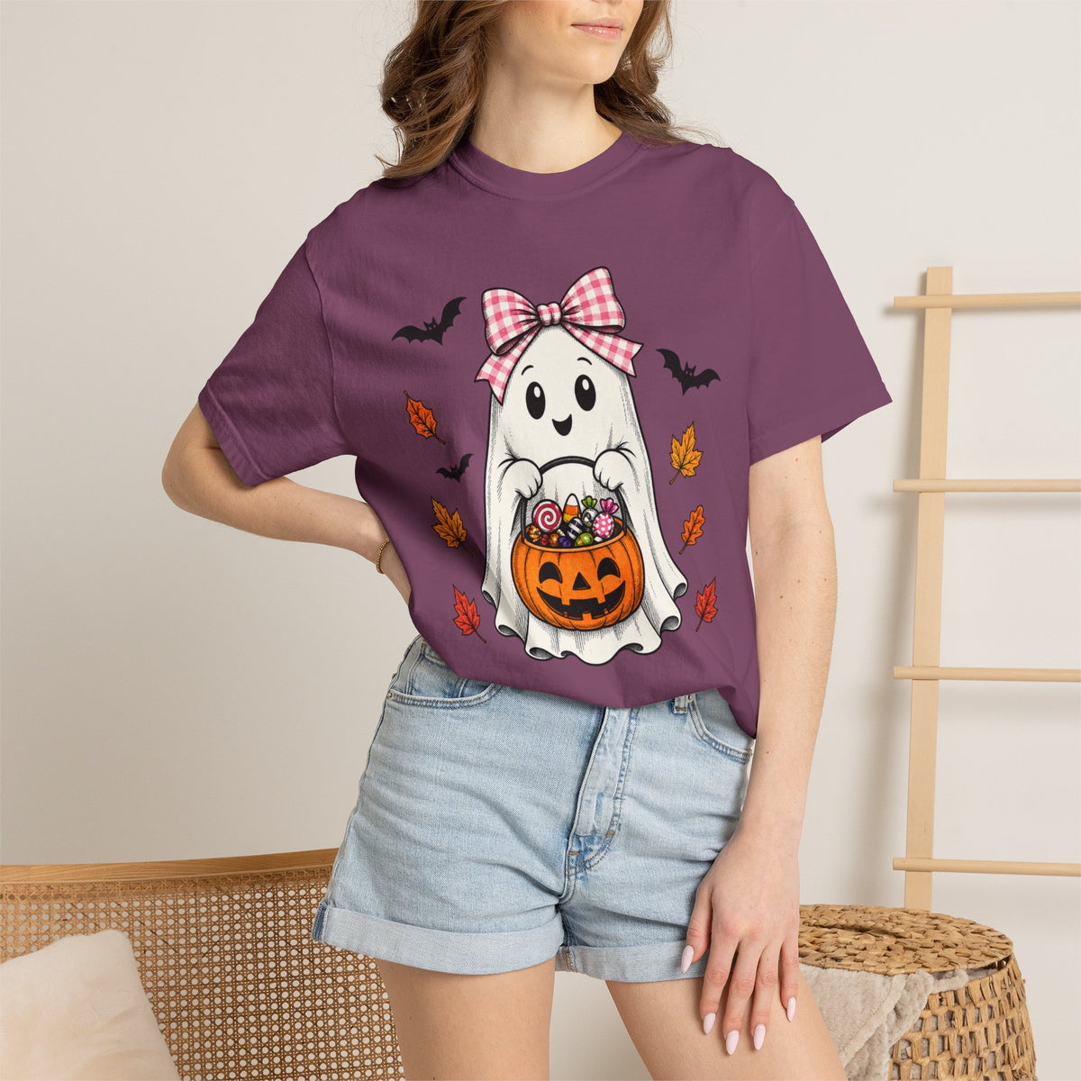 Cute Halloween Ghost T-Shirt — Trick-or-Treat Pumpkin & Bats