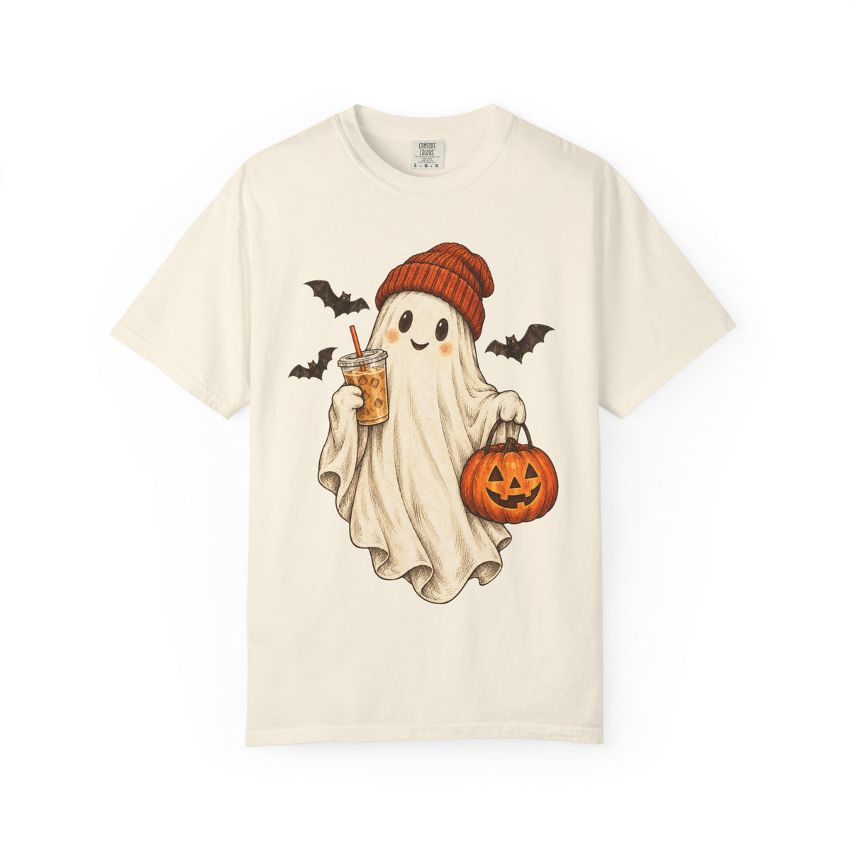 Halloween Ghost T-Shirt — Cute Ghost with Pumpkin & Coffee Graphic