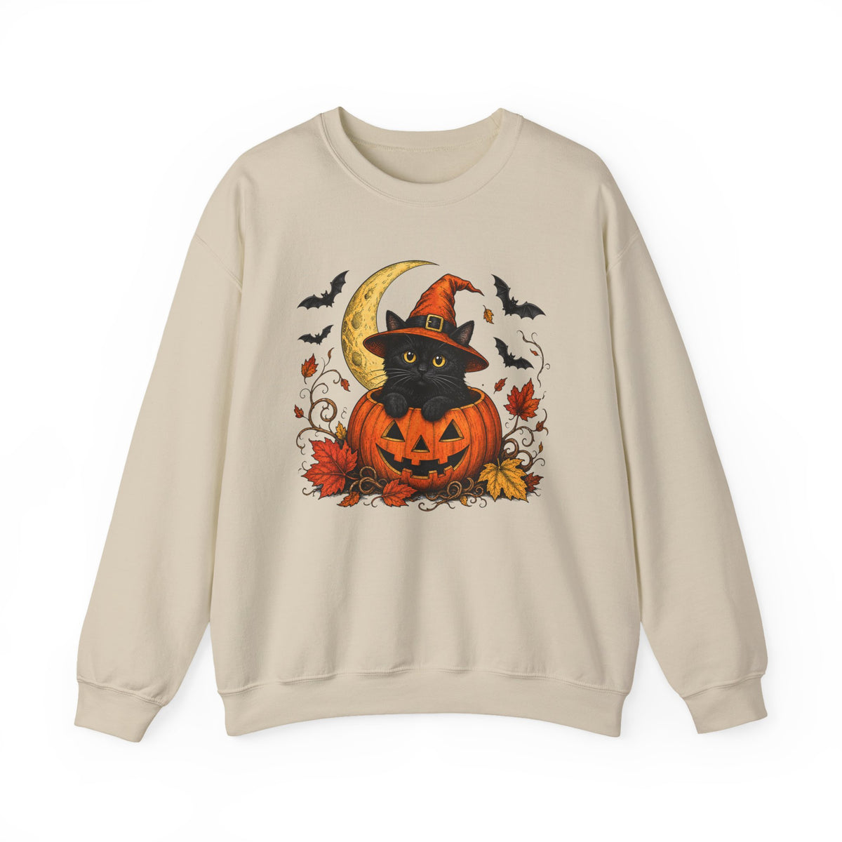Halloween Black Cat Pumpkin Sweatshirt — Witch Hat, Moon & Bats Crewneck