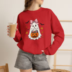Cute Halloween Ghost Sweatshirt – Girl Ghost with Pumpkin Basket & Bats