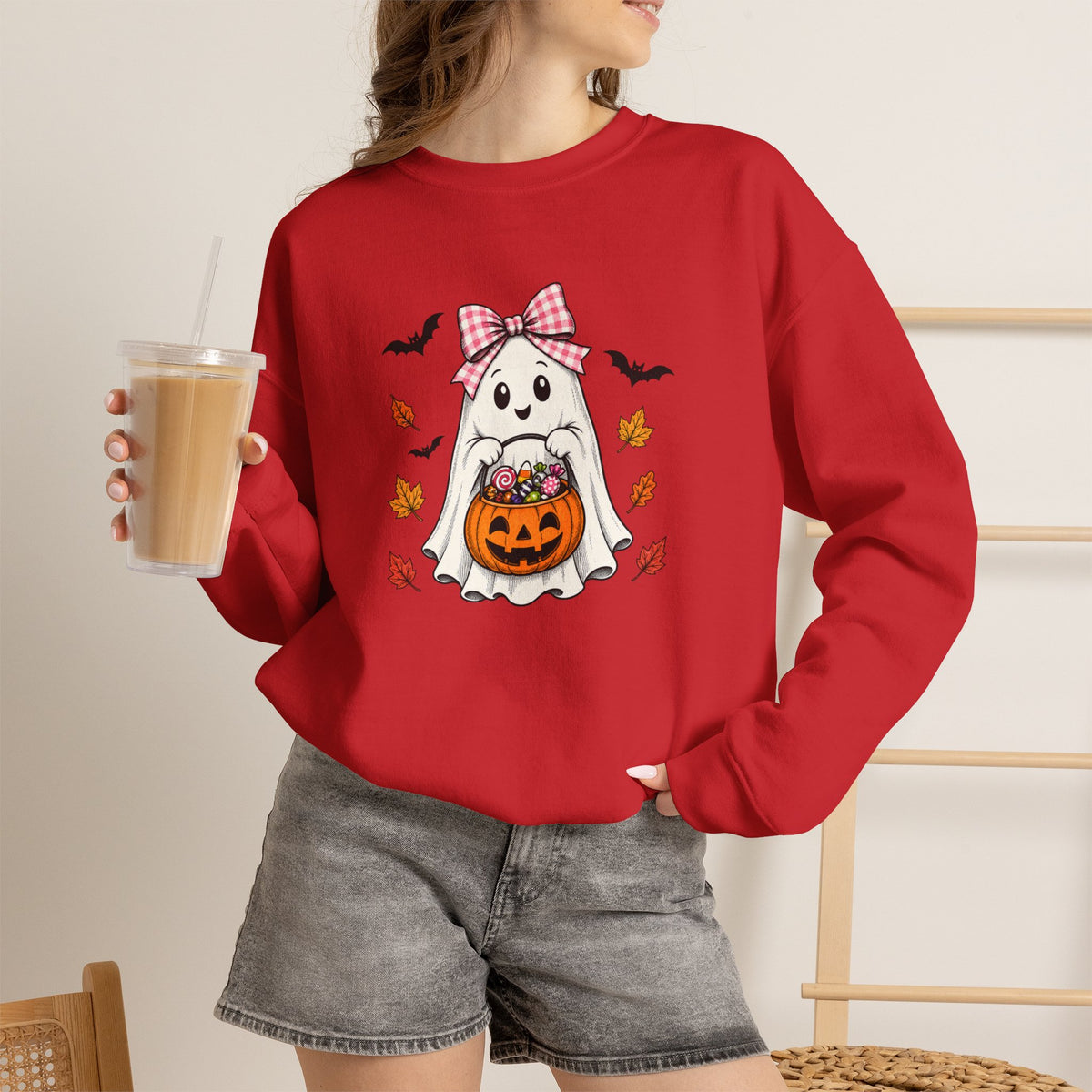 Cute Halloween Ghost Sweatshirt – Girl Ghost with Pumpkin Basket & Bats
