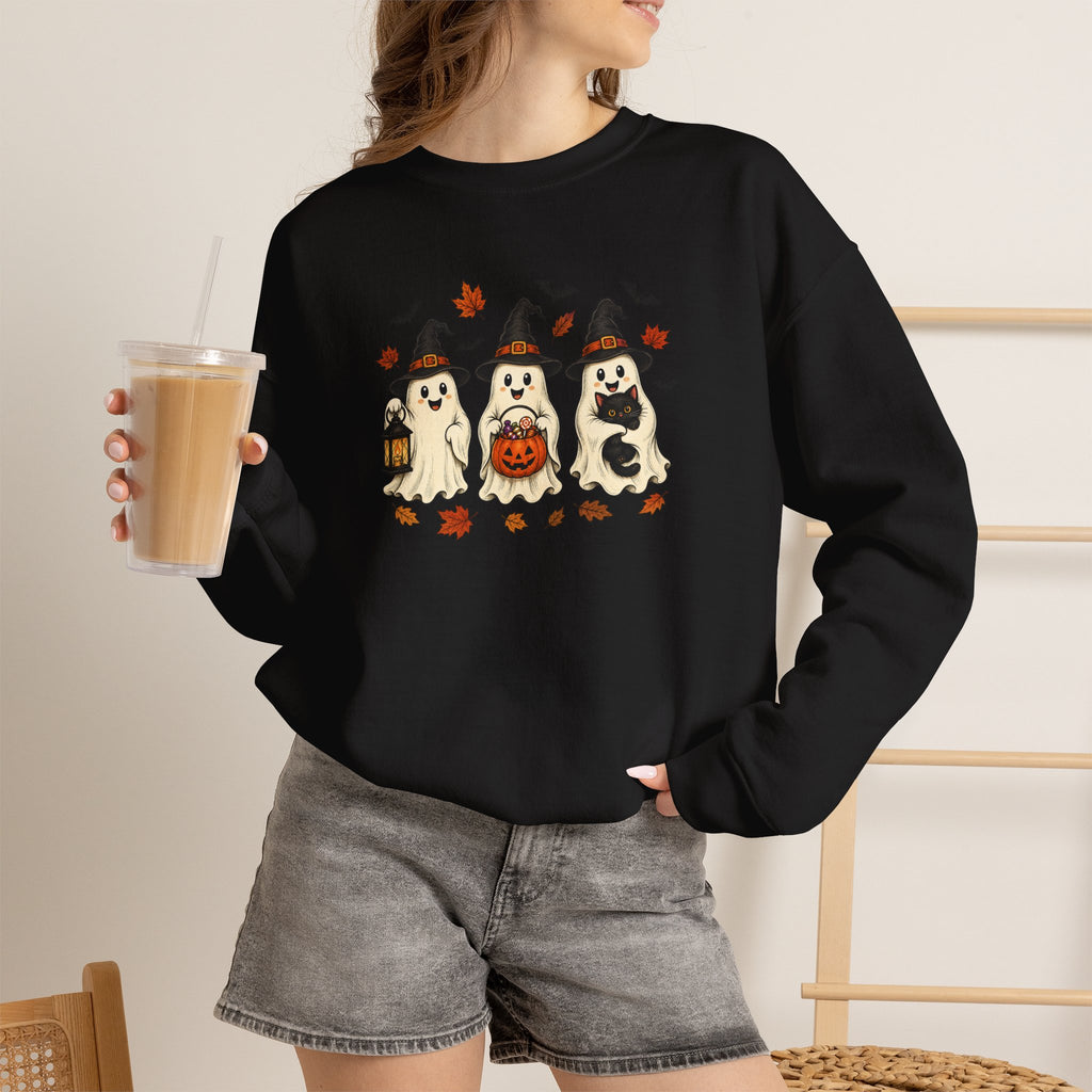 Halloween Puppy Ghosts Sweatshirt — Cute Dogs in Witch Hats with Jack-o'-Lantern