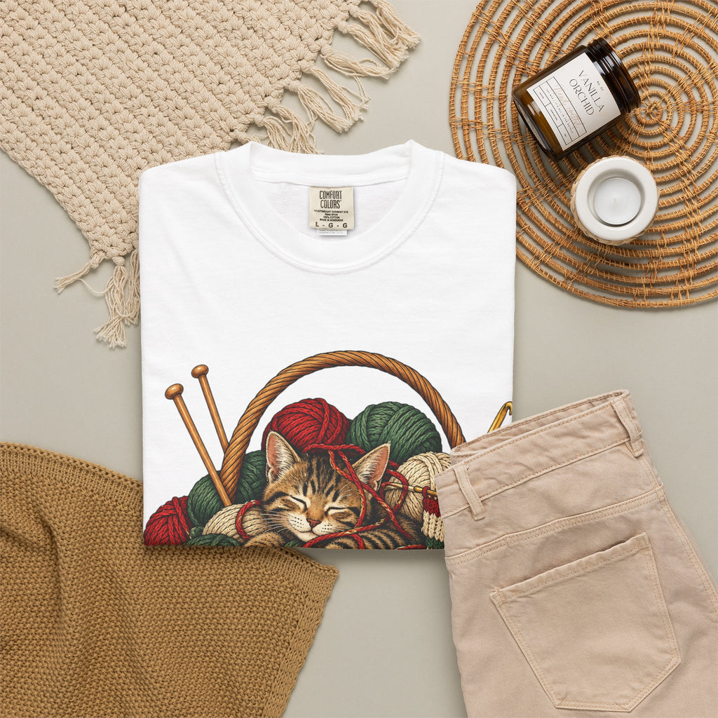 Cat in Yarn Basket T‑Shirt — Cozy Holiday Knitting Cat Tee