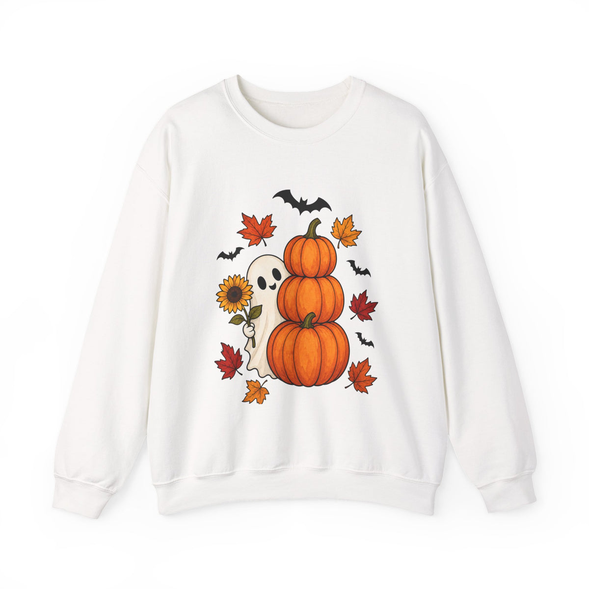 Halloween Pumpkin Stack Crewneck Sweatshirt — Ghost, Sunflower & Falling Leaves Design