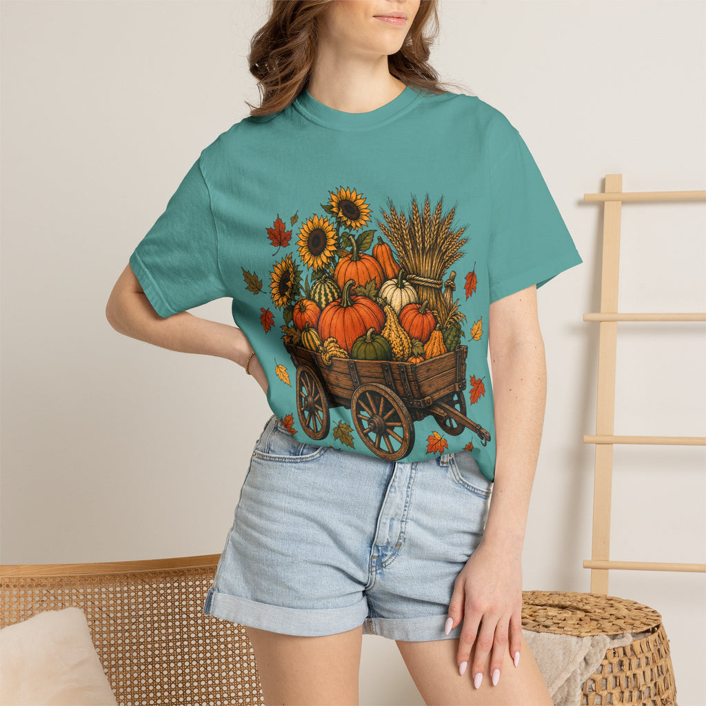 T-Shirt „Herbsternte-Wagen“ — Kürbis & Sonnenblume Herbst-T-Shirt