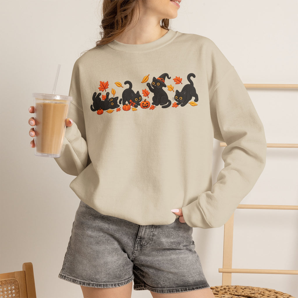Herbst-Sweatshirt mit schwarzem Katzen-Motiv