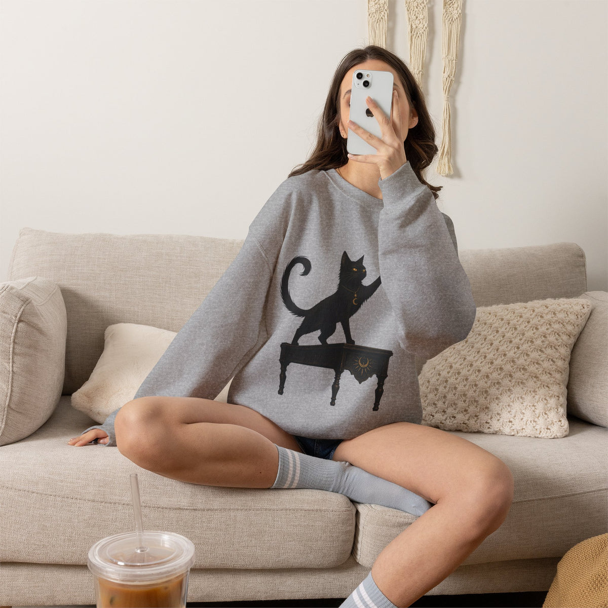 Cat with Crown Crewneck Sweatshirt — Playful Black Cat Graphic