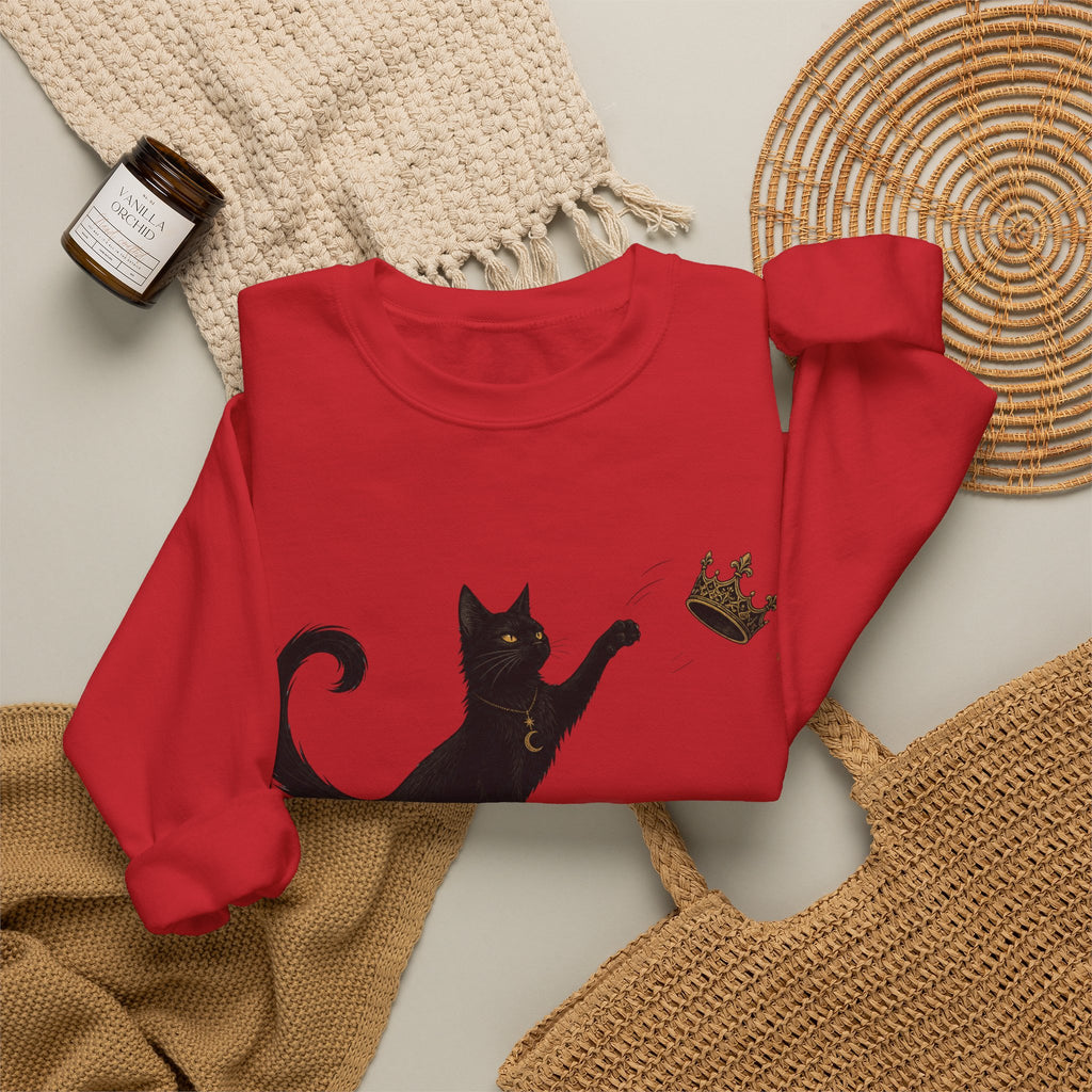 Cat with Crown Crewneck Sweatshirt — Playful Black Cat Graphic
