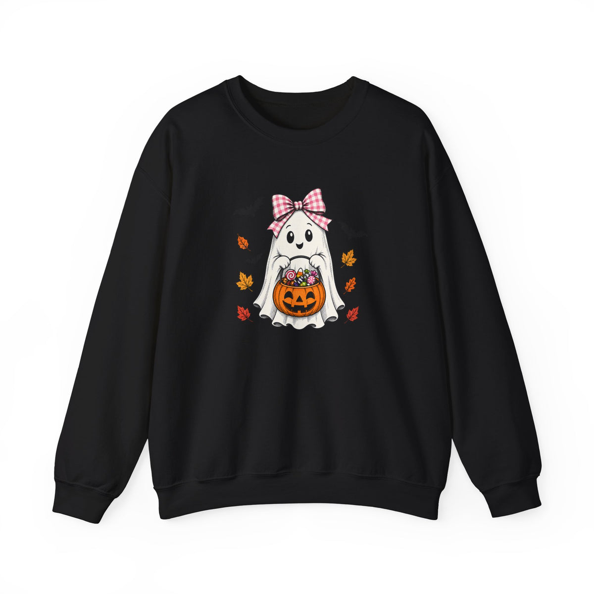 Cute Halloween Ghost Sweatshirt – Girl Ghost with Pumpkin Basket & Bats
