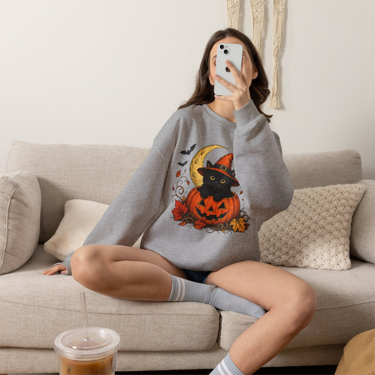 Halloween Black Cat Pumpkin Sweatshirt — Witch Hat, Moon & Bats Crewneck