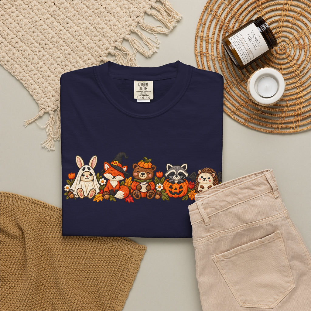 Halloween Critter Lineup T-Shirt — Cute Pumpkin, Witch & Bunny Spooky Crew