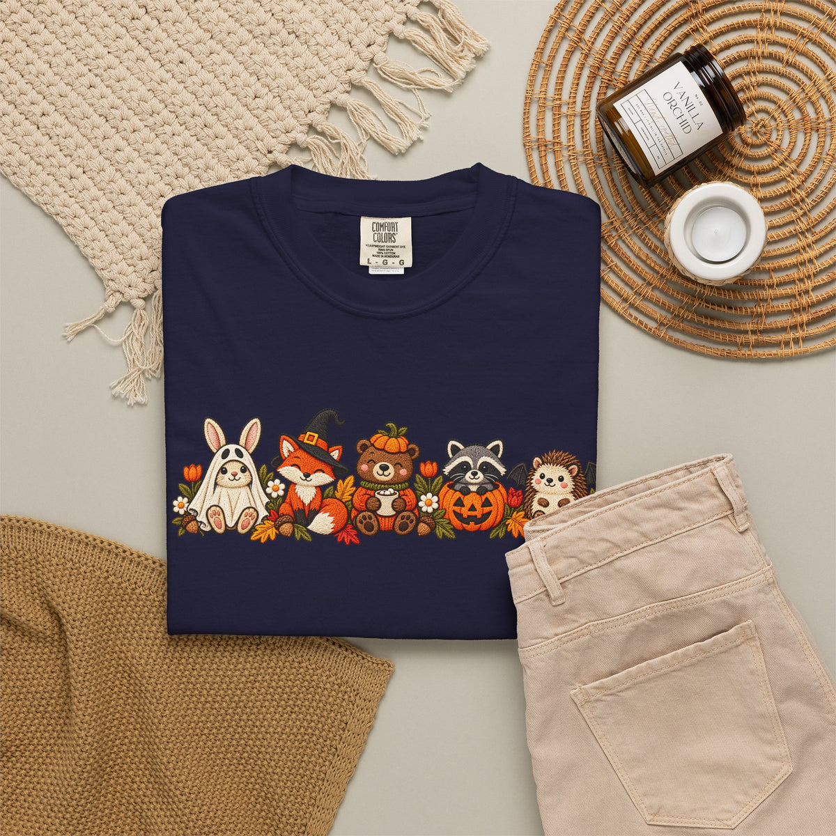 Halloween Critter Lineup T-Shirt — Cute Pumpkin, Witch & Bunny Spooky Crew