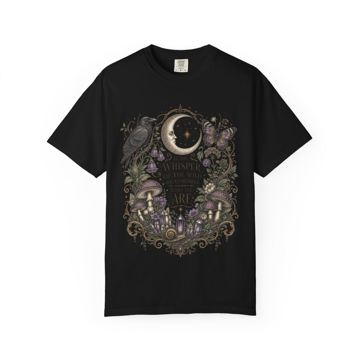Whisper of the Wild T-Shirt — Moon, Raven & Mushroom Nature Graphic