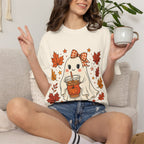 Cute Ghost Pumpkin Drink Tee — Fall Leaves Graphic T-Shirt