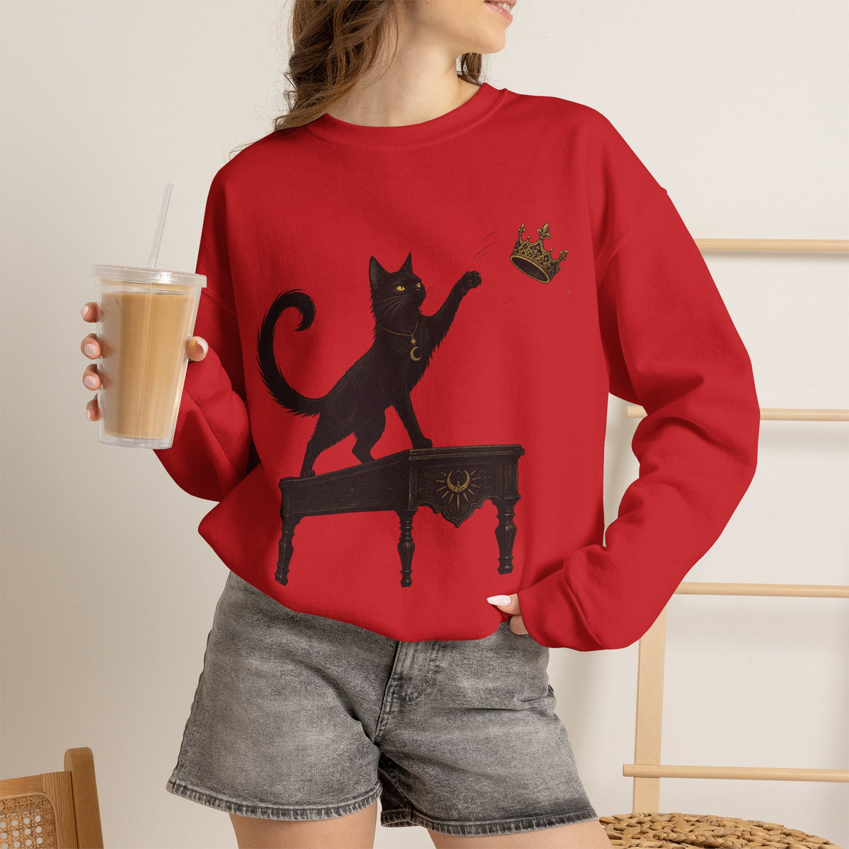 Cat with Crown Crewneck Sweatshirt — Playful Black Cat Graphic