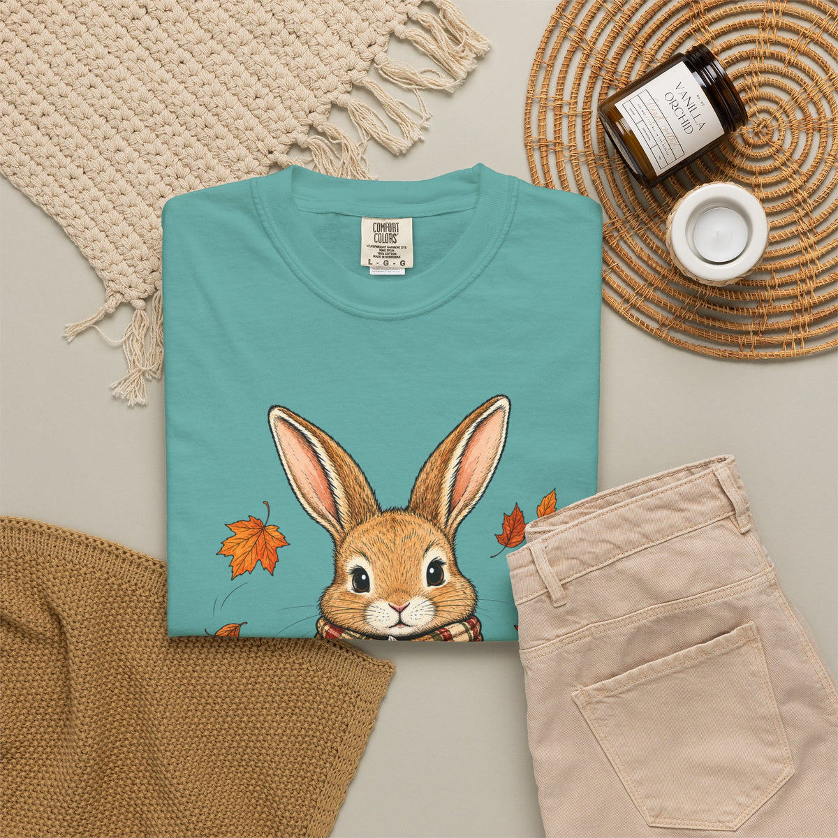 Autumn Bunny Tee — Cozy Fall Rabbit with Scarf & Hot Cocoa